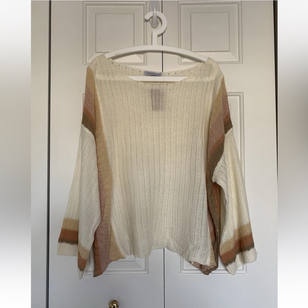 Miss Sparkling Oversized Open Knit Sweater Top Wmns L Earthy Striped Beachy Boho - Picture 5 of 11